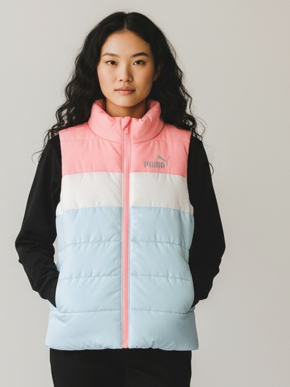 Puma Pink White Light Blue Quilted Puffer Vest